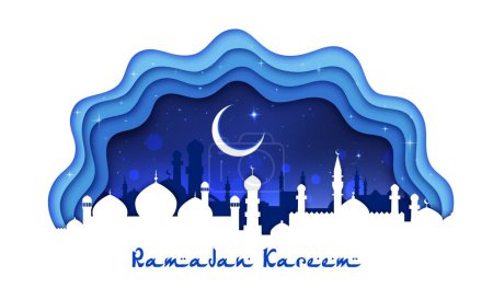 Téléchargez les illustrations : Ramadan kareem mosquée arabique islamique silhouette et croissant de lune à l'intérieur du cadre vectoriel 3D en couches de papier coupé. Paysage urbain arabe antique avec dômes et flèches sous le ciel étoilé bleu - en licence libre de droit