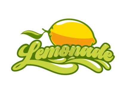 Zitronenfrüchte, Limonade-Logo, Saftgetränk. Isoliertes Vektoremblem für erfrischende Zitrusgetränke, belebende Cocktails oder Limonaden. Lebendige, ganze Zitrone mit sattgrünem Blatt, Typografie und Spritzern