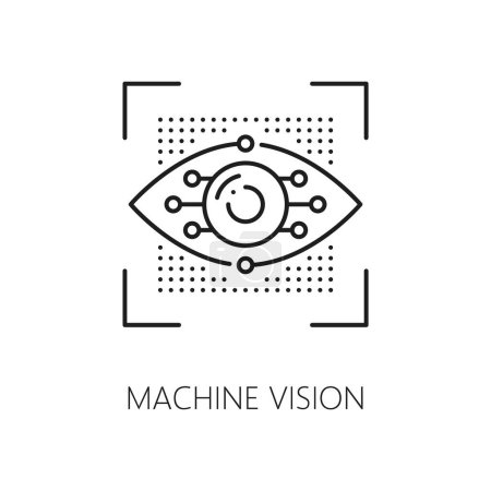 Ilustración de Visión artificial y aprendizaje, icono del algoritmo de inteligencia artificial de IA. Análisis de datos de IA, innovación de tecnología futura, pictograma de vectores de línea delgada de ciencia de aprendizaje automático con globo ocular artificial - Imagen libre de derechos