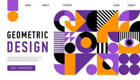 Illustration for Site landing page with abstract geometric pattern, creative template. Vector modern modular web banner design with bright purple, white, black and orange colors, dynamic minimal geometry shapes - Royalty Free Image