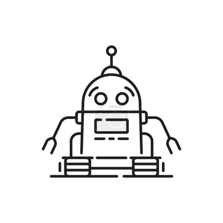 Illustration for Sci Fi retro robot outline icon. Chatbot AI android, alien cyborg humanoid robot or virtual assistant vintage droid linear vector pictogram. Autopilot artificial intelligence bot outline icon - Royalty Free Image
