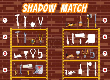 Illustration for Shadow match game, find cartoon diy and repair tools characters silhouette. Kids vector worksheet with hammer, spanner, tape and pliers. Vice, plane, spatula, roller and screwdriver on garage shelf - Royalty Free Image