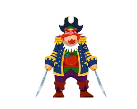 Illustration for Cartoon pirate captain character, corsair or filibuster brandishes gleaming sabers, commanding his crew on the high seas. Isolated vector picaroon with red mustaches and beard, wears colorful outfit - Royalty Free Image