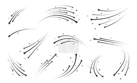 Illustration for Shooting space stars with trails or Christmas starburst of falling comets with tails, vector icons. shooting stars trails of holiday fireworks or celebration star sparks and birthday party sparklers - Royalty Free Image