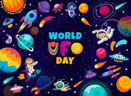 Illustration for World ufo day, cartoon flying saucer and alien characters in outer space. Vector celebration banner with kid astronaut riding rocket and extraterrestrial personages, explore unknown wonders in galaxy - Royalty Free Image