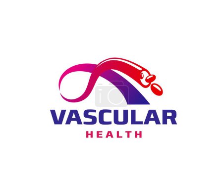 Ilustración de Icono de salud de la vena vascular, símbolo de la arteria, presenta células sanguíneas eritrocitarias dentro del vaso capilar en colores rojo, púrpura y azul. Emblema vectorial aislado de circulación y bienestar cardiovascular - Imagen libre de derechos