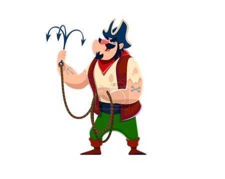 Illustration for Cartoon pirate sailor character with grappling hook. Isolated vector swashbuckling, adventurous buccaneer in vest, eye patch and tricorn, bearded corsair ready for robbery and boarding ships in sea - Royalty Free Image