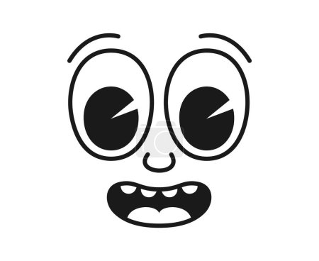 Illustration for Cartoon comic groovy smile face, funny eye emotion and retro cute emoji character. Isolated vector surprised or astonished personage radiates positive vibes with wide open mouth, wow facial expression - Royalty Free Image
