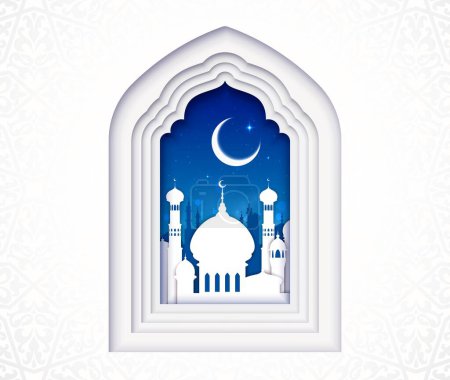 Paper cut arabian mosque islamic window, ramadan kareem holiday greeting background. 3d vector arched layered frame with moon and night ancient arab town celebrates holy season and spirit of sacrifice