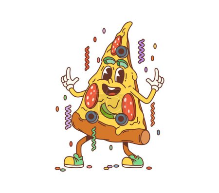 Ilustración de Retro personaje de la pizza de dibujos animados groovy celebrar fiesta y bailar bajo la caída de confeti. Personaje de rebanada de comida rápida vibrante vectorial aislado con una sonrisa amplia y cursi, exuda un ambiente fresco y relajado de los años 70 - Imagen libre de derechos