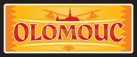 Olomouc retro travel plate, czech region sticker with heraldic crossed axes or swords and castle. Touristic postcard, board or plaque, vector vintage banner of Czech Republic, Polish Olomuniec