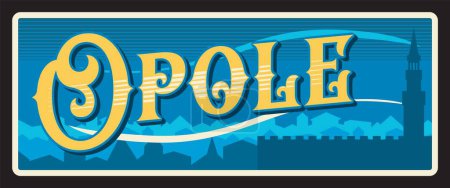 Oppeln Woiwodschaft Polen Retro-Reiseschild und Aufkleber für Touristenziele. Vector Vintage Banner mit dem Wahrzeichen der Burg Moszna, Retro-Postkarte oder Schild. Stadt Oppeln in Südpolen