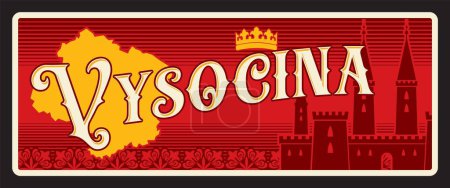Illustration for Vysocina retro travel plate, czech region plaque with royal castle and crown, territory map. Vector vintage banner with map, crown and castle. Touristic sign, postcard, board with vintage ornament - Royalty Free Image