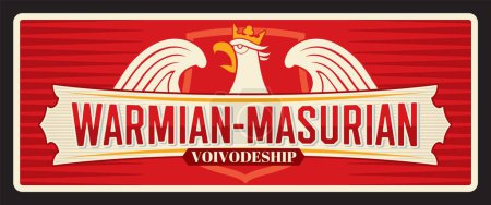 Illustration for Warmian Masurian polish voivodeship plate and travel sticker. Vector vintage banner with Poland map, heraldic eagle in crown, shield and wing. Touristic sign or board, eagle bird coat of arms - Royalty Free Image