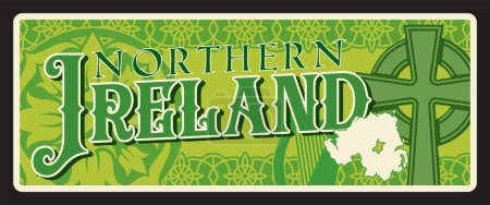 Illustration for Northern Ireland British region, UK travel tin plate, vector tin sign. UK province or Britain land welcome metal plate with landmark, region map and emblem of Irish castle, green plaque - Royalty Free Image