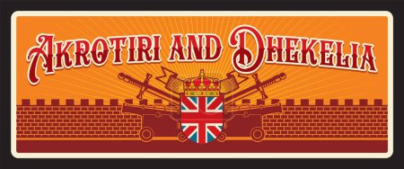 Illustration for Akdotiri and Dhekelia overseas British territory on island of Cyprus. Vector travel plate, vintage tin sign, retro postcard design. SBA Souverign base area of Britain, banner with coat of arms - Royalty Free Image