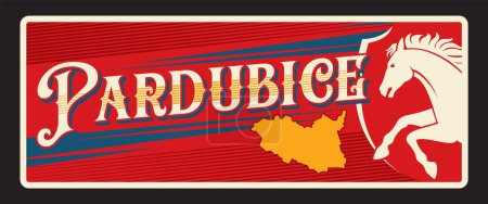 Pardubice czech republic region retro travel plate, tourist sticker. Vector vintage board or plaque, banner with heraldic shield, wheel and horse retro postcard, territory map and flag