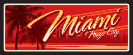 Ilustración de Miami american city retro travel plate, tin sign, tourist sticker. Estados Unidos de América placa, vector banner EE.UU. tarjeta de recuerdo retro con playa y palmeras, silueta de paisaje urbano - Imagen libre de derechos