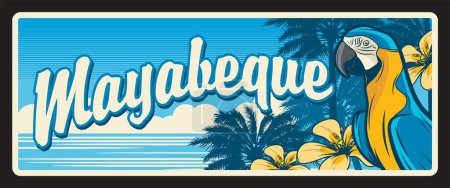 Illustration for Mayabeque province in Cuba, Cuban region with exotic nature. Vector travel plate, vintage tin sign, retro welcoming postcard design. Souvenir plaque with parrot and seaside with palms - Royalty Free Image