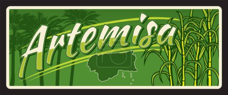 Téléchargez les illustrations : Province d'Artemisa de Cuba, territoire cubain plaque souvenir. Plaque de voyage vectorielle, enseigne vintage en étain, design rétro accueillant par carte postale. Vieille carte avec carte, palmiers et tabac - en licence libre de droit