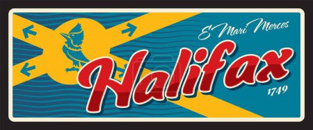 Illustration for Halifax Canadian city retro travel plate, tin sign, tourist sticker. Vector Canada tourist luggage tag with province or region flag, emblem and landmark. Bird coat of arms symbol, vintage banner - Royalty Free Image
