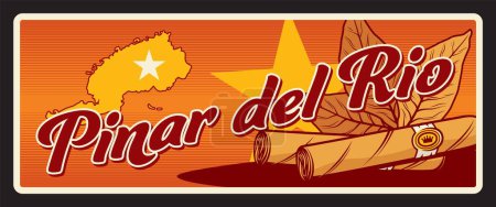 Pinar del Rio municipality and province in Cuba. Vector travel plate, vintage tin sign, retro welcoming postcard design. Cuban territory, old plaque card with cigars and map with star