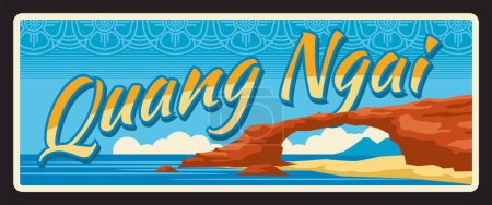 Quang Ngai province in Vietnam, Vietnamese coastal region. Vector travel plate, vintage tin sign, retro vacation postcard or journey signboard. Plaque or card with beach stone gate To Vo