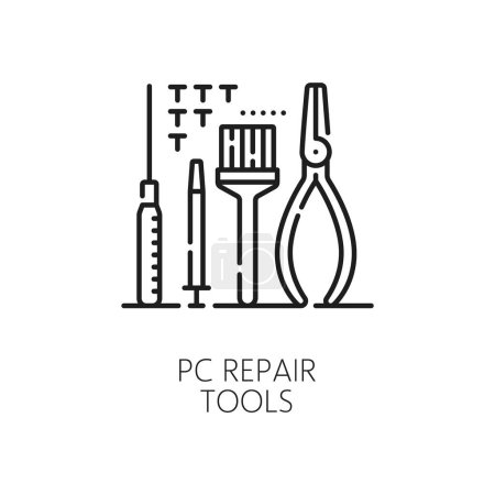 Illustration for Electronics industry, computer hardware, app development software outline icon. Computer system maintenance, digital technology software product support thin line vector icon with PC repair tools - Royalty Free Image