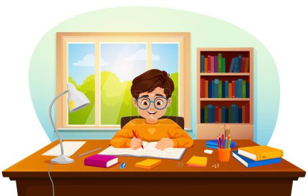 Illustration for Cartoon boy kid makes homework or funny pupil studying lessons, vector child student. Boy kid in eyeglasses making school homework, sitting at table desk with books and writing in copybook - Royalty Free Image