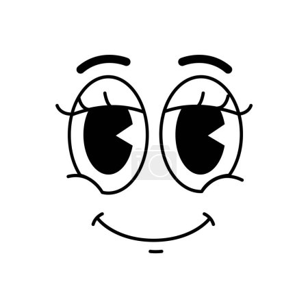 Cartoon funny comic groovy face emotion and retro cute emoji character. Isolated vector monochrome friendly personage with scenery smile and big round eyes. Happy facial expression, positive feelings