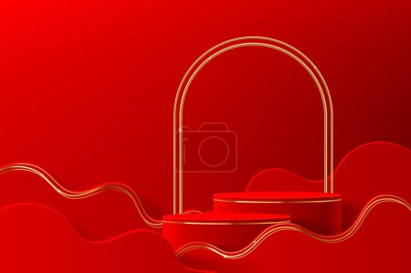 Illustration for Red luxury Chinese podium stage with waves and golden arch for product display, vector mockup. Luxury premium pedestal or studio showroom and showcase with gold glitter light arch and round podiums - Royalty Free Image