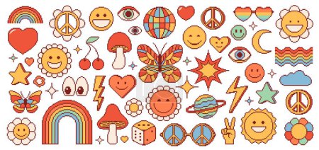Ilustración de Pixel y2k groovy, rave, hippie y símbolos psicodélicos. Sonríe cara, champiñón amanita y sol, mariposa o arco iris. Dados de juego, gafas de sol con signos de paz, flor de margarita, bola disco, estrella con flash - Imagen libre de derechos