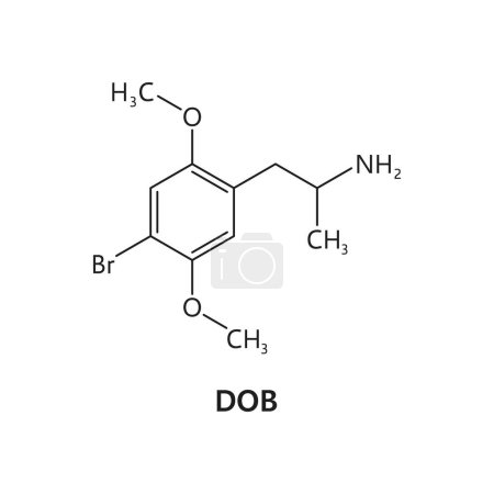 Illustration for DOB drug molecule formula and chemical structure, synthetic or organic drugs vector model. DOB or brolamfetamine psychedelic drug molecular structure and chemical formula of narcotic substance - Royalty Free Image