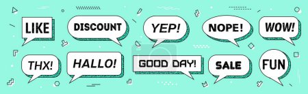 Illustration for Memphis speech bubbles isolated vector set. White dialog boxes or clouds with thick outlines and dynamic visual typography like, discount, yep or nope. Wow, thx, hallo and good day, sale and fun - Royalty Free Image