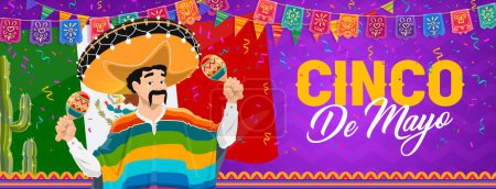 Illustration for Cinco De Mayo holiday banner with Mexican character, maracas, papel picado flags and confetti, vector background. Mexican Cinco De Mayo fiesta celebration banner with man in sombrero and cactus - Royalty Free Image