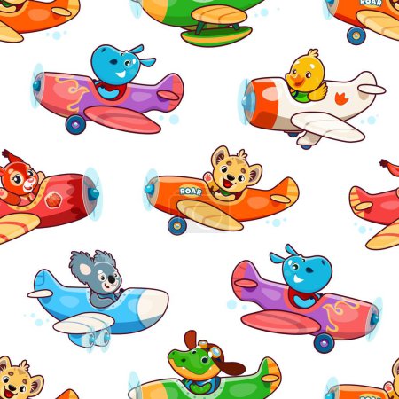 Ilustración de Dibujos animados lindo bebé animales personajes en aviones. Patrón sin costuras. Papel de envolver o impresión textil, patrón de vectores de papel pintado con hipopótamo, león y coala, cocodrilo, personajes divertidos ardilla en los aviones - Imagen libre de derechos