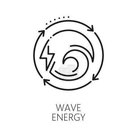 Illustration for Green power, clean tidal wave energy line icon. Energy alternative source, electricity generation industry or water power plant outline vector symbol or icon with tidal wave and lightning bolt - Royalty Free Image