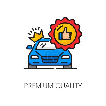 Illustration for Auto dealer, dealership, car company thin line icon. Car salon, auto shop or luxury vehicle dealership thin line vector sign. Automobile official distributor linear pictogram with best quality badge - Royalty Free Image