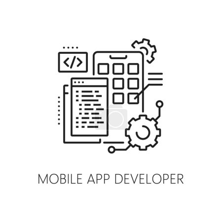 Illustration for Mobile app developer IT specialist icon of digital technology software, line vector. Mobile application developer or IT business specialist in UI and UX programming and mobile media development - Royalty Free Image