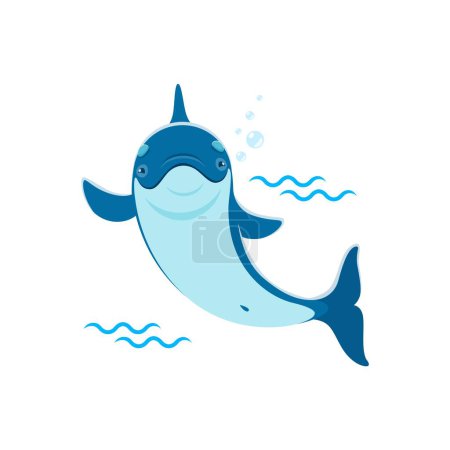 Illustration for Dolphin cartoon character waving Hello with fin, funny sea or ocean animal, vector kids mascot. Cute dolphin swimming on waves and greeting with fin and bubbles for child t-shirt or nursery design - Royalty Free Image