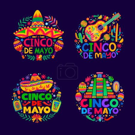 Illustration for Mexican Cinco de Mayo holiday labels of vector sombrero, guitar and aztec pyramid. Cartoon Mexico maracas, tequila, tropical flowers and cactus ethnic pattern round tags for fiesta party or carnival - Royalty Free Image