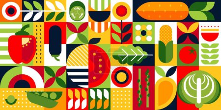 Téléchargez les illustrations : Modèle géométrique moderne abstrait végétal. Vector fond vibrant dispose d'une mosaïque de légumes frais. Poivron, tomate, carotte et chou. Pois verts, aubergines, épis de maïs ou épinards et radis - en licence libre de droit