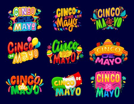 Illustration for Cinco de Mayo Mexican holiday quotes with sombrero, maracas and margarita, vector T-shirt prints. Mexican Cinco de Mayo celebration and fiesta party quote banners with Mexico flag and bright flowers - Royalty Free Image