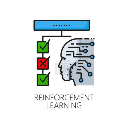 Reinforcement machine learning color line icon, ai artificial intelligence algorithm. Isolated vector linear sign, symbolizing continuous learning, with a central brain evolving through feedback loops