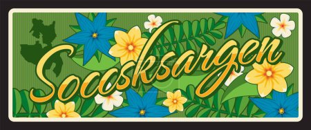Illustration for Soccsksargen administrative area in Philippines. Vector travel plate, vintage tin sign, retro vacation postcard or journey signboard. Old plaque with blooming flowers and map of Region - Royalty Free Image