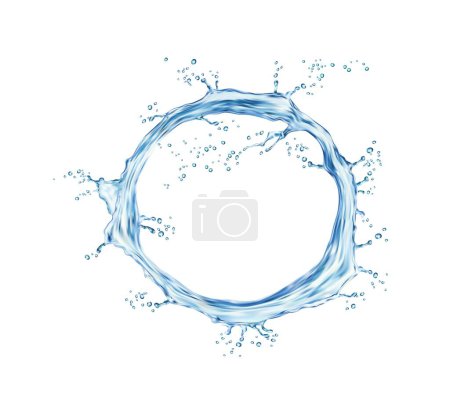 Téléchargez les illustrations : Cercle rond éclaboussure d'eau liquide. Vecteur 3D réaliste cadre circulaire ou onde avec diffusion. Bordure transparente bleue, mouvement dynamique de l'aqua twister. Flux tourbillon isolé éclaboussures, boisson claire fraîche - en licence libre de droit