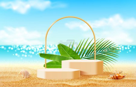 Téléchargez les illustrations : Podium tropical réaliste avec feuilles de palmier, arc doré et sable de plage de la mer. Fond vectoriel pour la présentation de produits de beauté et de crème solaire. Plateformes géométriques 3d et arc sur le bord de mer d'été - en licence libre de droit