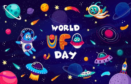 World UFO Day vector poster with cute alien cartoon characters, flying saucer, spaceships and rocket. Alien space galaxy starry landscape background with planets, stars, asteroids and comets