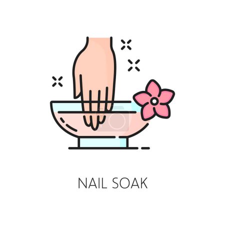 Illustration for Manicure service nail soak color line icon. Manicure and pedicure master cosmetology, woman beauty or spa salon linear vector symbol. Cosmetics and makeup shop thin line pictogram or sign - Royalty Free Image