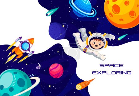 Ilustración de Espacio explorar banner con niño astronauta en el espacio exterior entre planetas y estrellas, vector de fondo. Exploración espacial y aventura galáctica con niño astronauta, cohete o nave espacial en vuelo espacial en el cielo - Imagen libre de derechos